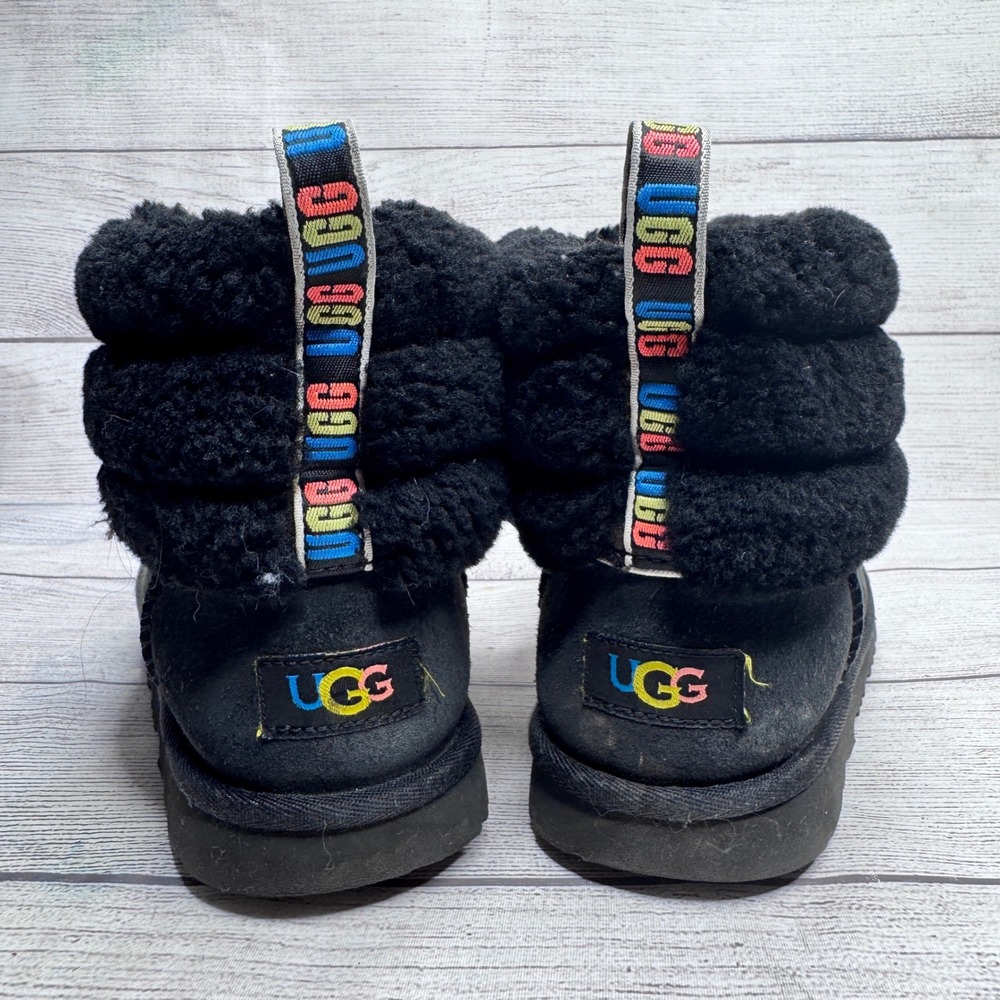 UGG Fluff Mini Quilted Black Suede Rainbow Logo Ankle Boots Womens 1098533